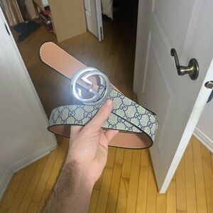 Gucci GG Canvas Belt with Silver Interlocking Buckle - Beige/Tan